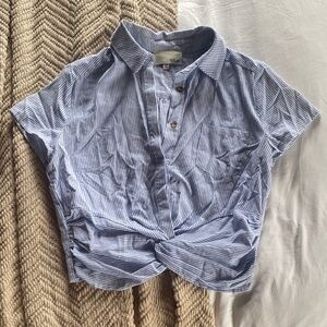 Blue Striped Cropped Button-Up Shirt